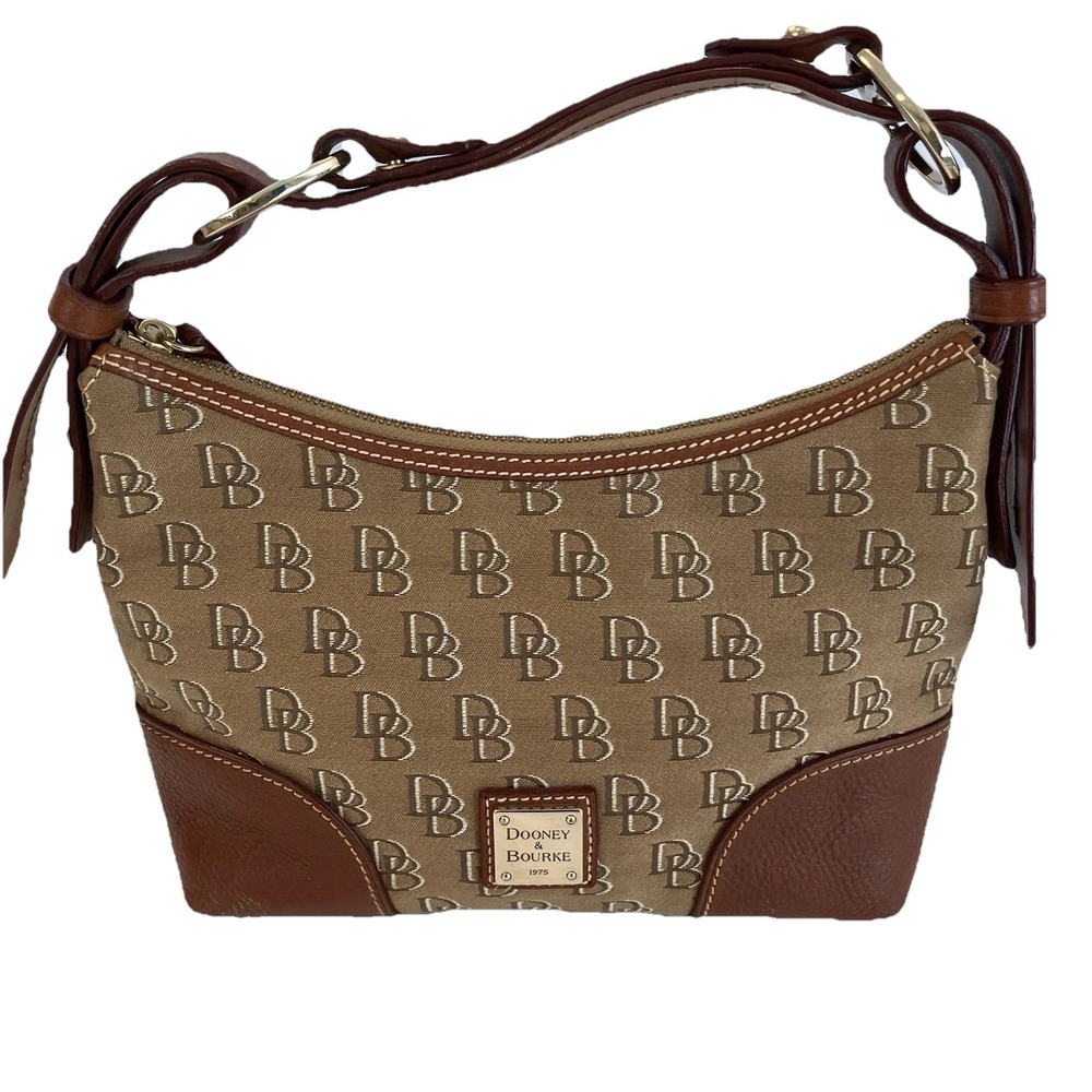 Nice! Dooney & Bourke DB Monogram Canvas  Tan Leather Handbag‎